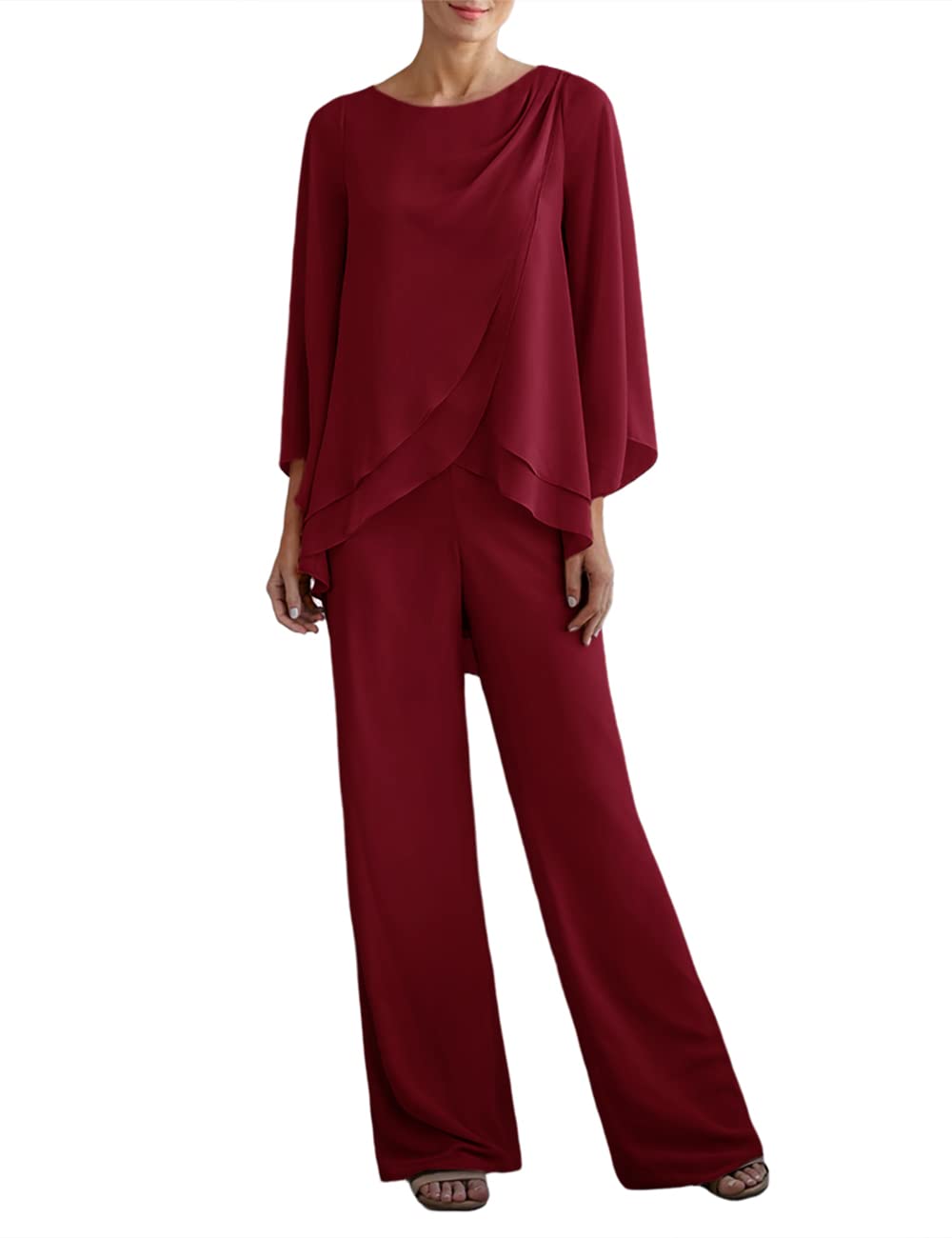 Photo 1 of Zongqiven Women's Chiffon 2 Pcs Mother of The Bride Pant Suits Asymmetrical Hem Tops and Pants Wedding Party Prom Outfit (Small, Wine red)