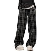 Women’s Y2K Plaid Pant Casual Drawstring High Waist Wide Leg Emo Grunge Pants Goth Streetwear