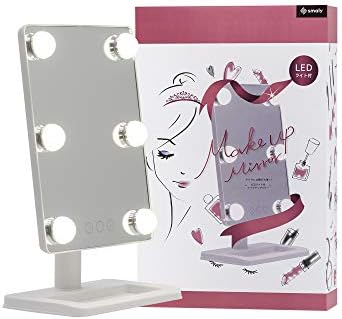 Smaly 6球LEDライト付き 化粧鏡 メイクアップミラー 2way給電 女優ミラー ホワイト SMALY-LM03(WH)