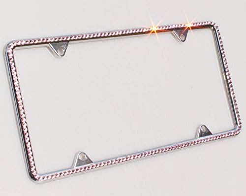 Carfond 1 Row Pure Handmade Waterproof Bling Bling Selected Crystal Diamond License Plate Frame Bonus 4 Matching Screws Caps Silver-Pink crystal