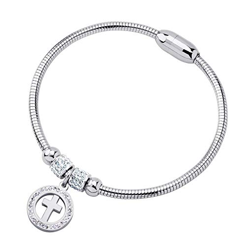 555Jewelry Snake Chain CZ Cross Charm Bracelet for Women, Magnetic Clasp, One Size, Metal, Cubic Zirconia