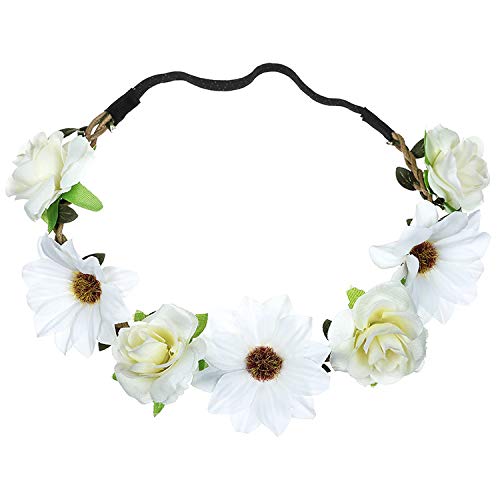 Women Girl Sunflower Rose Flower Crown Wedding Festival Headband Hairband Hair Garland(White)