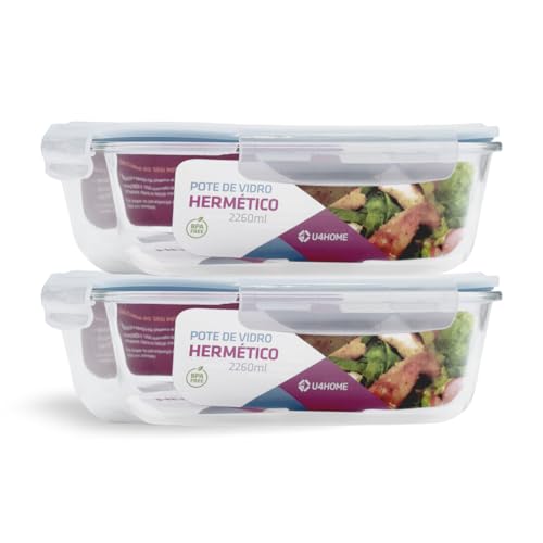 Kit 2 Potes de Vidro Retangular com Tampa Hermética 2260ml (Azul)
