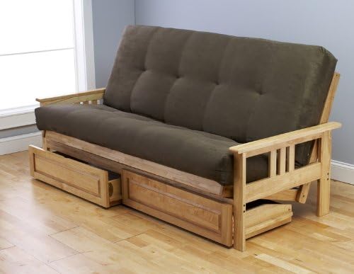 Monterey Full Size Futon Sofa and Drawer Set, Natural Finish Hardwood Frame And Soft Suede Innerspring Mattress, Olive