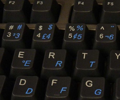 PORTUGUESE BRAZILIAN KEYBOARD STICKERS WITH BLUE LETTERING ON TRANSPARENT BACKGROUND