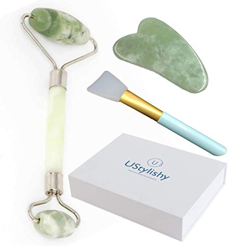 Jade Roller and Gua Sha Set by UStylishy – Brush and Bag Kit – Original Stone – Skincare Therapy, Facial Massage, Anti Aging Effect, Wrinkles and Puffiness Treatment, Lymphatic Fluid Drainage.