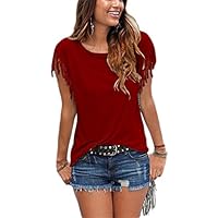 Andaa Womens Summer Tassel Tees Shirts Crew Neck Short Sleeve Casual Cute Blouse Tops for Junior Wine Red, Medium