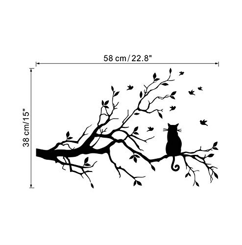 CUGBO Cat On Long Tree Branch Wall Decal Cat Window Art Sticker Removable DIY Vinyl Rooms Home Decor,Black