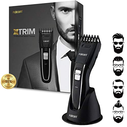 Fujicom Cordless Beard Trimmer/Precision Shaper for Men w/Docking/Charging Station. 6 Adjustable Heads with Rounded Blades and Hair Thinning Brush. Ergonomic Handle. Bonus Cleaning Oil & Brush