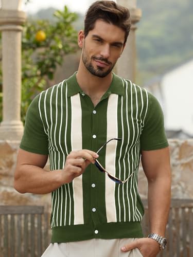 Les umes Polo Men Striped Retro Short Sleeve Cardigan Cotton Summer Golf Casual