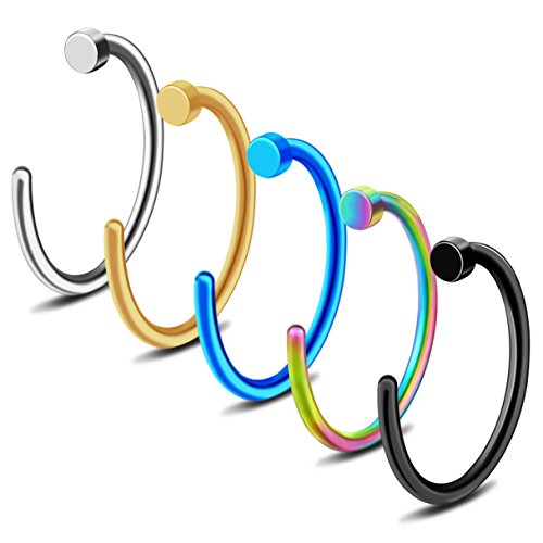 cnomg 20 Pcs Nose Rings Assorted Stainless Steel Nose Open Hoop Ring Body Nose Earring Lip Ring Piercing Various Unisex Value Pack 5 Mixed Colors 10 MM - Thumbnail 7