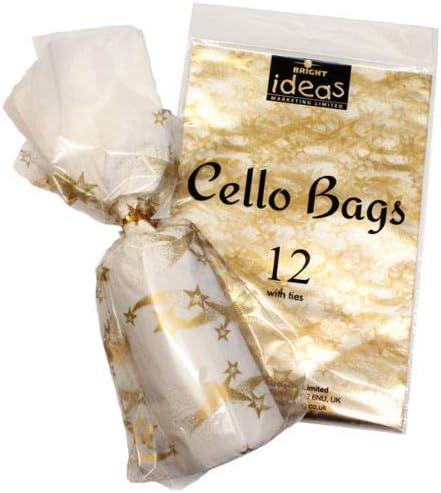 Bright Ideas Christmas Holiday Wedding Party Gift Bag Bags Supplies DIY Sweet Treat PopCorn Candy Cookies Snacks With Twist Ties (Pack of 12) Cellophane Cello Multi Colour (Gold Star)