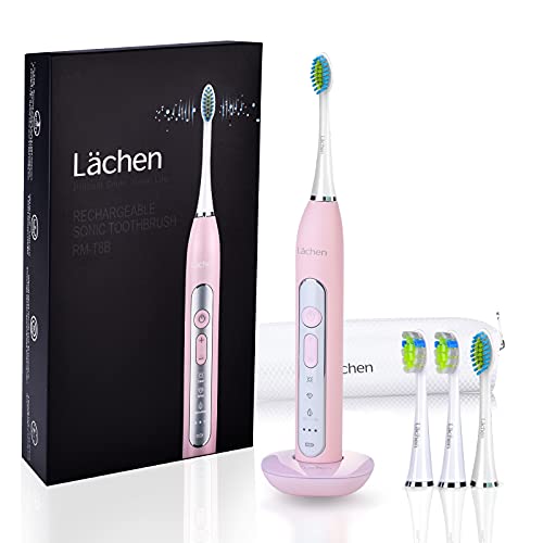 Lächen Sonic elektrische Zahnbürste Schallzahnbürste mit 4 Aufsteckbürsten und Timer, 3 Modi & 3 Vibrationsstärken mit Reisetasche, Rosa