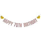 HAPPY 70TH BIRTHDAY Banner,Pre-Strung,Rose Gold Glitter Paper Garlands for Woman's 70 Years Old 70TH Birthday Party Decorations,Letters Rose Gold,ABCpartyland
