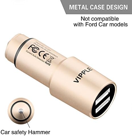 Vipple 24W 5V/2.4A Copper Alloy Dual USB Car Charger Power Adapter with Emergency Escape Safety Hammer iSmart Technology for iPhone, iPad, Samsung, LG, Andriod and More- Rose Gold