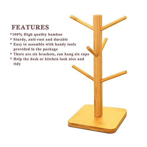 Cuteadoy Mug Rack Tree, Removable Bamboo Mug Stand, Storage Coffee Tea Cup Organizer Hanger Holder with 6 Hooks - Thumbnail 2