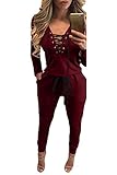 Pink Queen Women's Sexy Lace Up V Neck Long Sleeve Fleece Lined Jumpsuit Romper