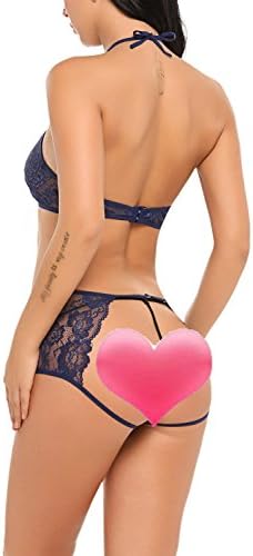 DOZNELA Women's Sexy Lingerie Set Halter 2 Piece Lace Bra and buttless Panties Panty Set