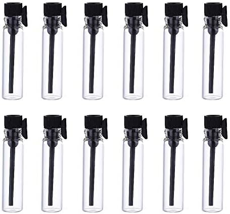 DLIBUY (Pack of 12) 3ML Empty Mini Refillable Clear Glass Vials With Black Plastic Lids-Sample Bottles For Perfume Essential Oils Trip Cosmetics Containers-Leakproof