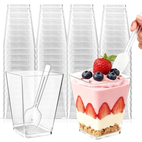 Hsxfl Pack of 50 Plastic Dessert Glasses, 150 ml Dessert Cups Plastic with Spoons, Clear Dessert Bowls, Reusable, Square Dessert Cups, Trapezoid Cups for Desserts, Pudding, Family Desserts