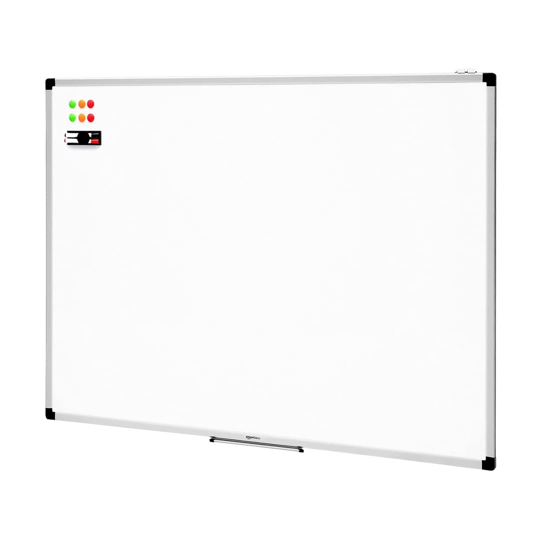 Amazon Basics Whiteboard Drywipe Magnetic with Pen Tray and Aluminium Trim, 120 cm x 90 cm (WxH)