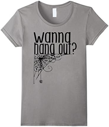 Womens WANNA HANG OUT HALLOWEEN SHIRT, Let's Hangout Spider Web Large Slate