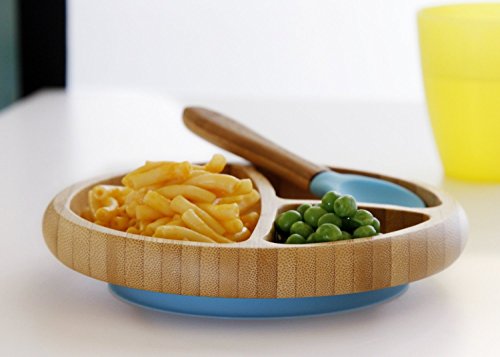 Maven-Gifts-Avanchy-Baby-Feeding-Gift-Set--Bamboo-Stay-Put-Suction-Bowl-with-Spoon-Blue-and-Bamboo-Stay-Put-Suction-3-Section-Plate-with-Spoon-Blue-Ages-6-Months-and-Up