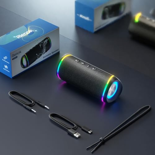 RIENOK Powerful Portable Bluetooth Speaker 30W Waterproof Bluetooth 5.3 Speaker, Handsfree Calling, True Wireless Stereo, LED Light, Supports TF & Aux, Type-C Rechargeable
