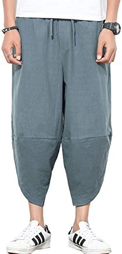 Aishang Men's Patchwork Shorts Elastic Waist Linen Loose Pocket Capris Joggers Harem Pants