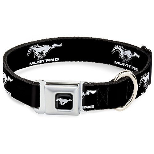 Buckle-Down Seatbelt Buckle Dog Collar - Ford Mustang Black/White Logo REPEAT - 1" Wide - Fits 11-17" Neck - Medium