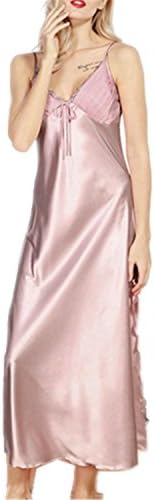 JISHIYUAN Women Sexy Lingerie Nightdress Long Lace Nightgown Cozy Silk Satin Summer Sleepwear Lotus Pink L