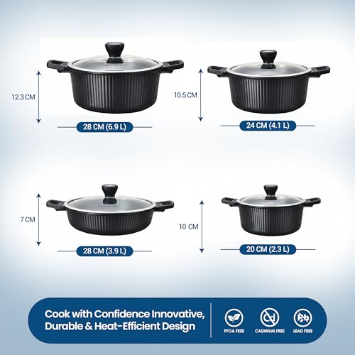 VOGATI MONACO SERIES 8PCS TITANIUM GRANITE COATING NON STICK INDUCTION COOKWARE SET - INCLUDING 20/24/28CM CASSEROLE + 28CM SHALLOW CASSEROLE (100% PFOA FREE) (BLACK)
