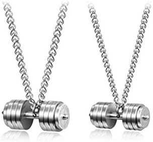 2pcs Couple Necklace Stainless Steel Gold Plated Dumbbell Pendant Keep Me In Your Heart (White)