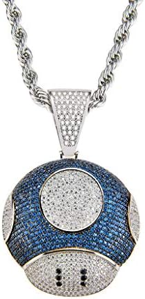 Moca Jewelry Fashion Cute Mushroom Face CZ Bling Big Pendant Iced Out Hip Hop Link Chain Necklace for Men Women, Available with Stainless Rope Chain and Tennis Chain