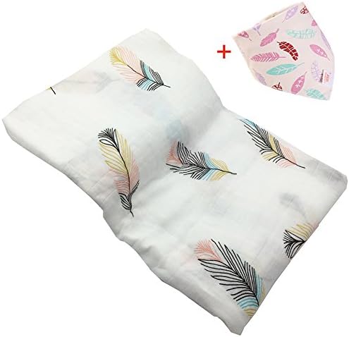 Valentine Gift Muslin Swaddle Blankets + Baby Bibs,Newborn Baby Muslin Bamboo Swaddling Blanket Feather Print Unisex Girl Boy Organic Swaddle Wrap,Burping Cloth &amp; Stroller Cover