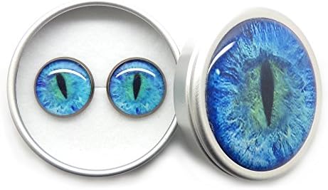 Handmade Gothic Vintage Unique Blue Cat Eyes Stud Earrings with Gift Box, Hypoallergenic Ear Studs for Girls and Women Gift