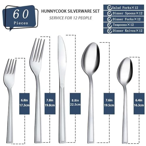 Hunnycook Silverware Set for 12-60PCS Stainless Steel Silverware Set, Include Fork Knife Spoon Set, Mirror Polished, Dishwasher Safe, Cutlery Set for Home Kitchen Restaurant