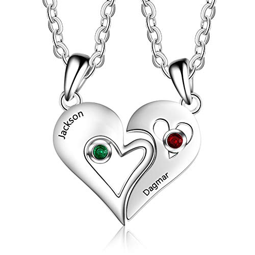 Personalized Couple Necklace Set with Name Heart Matching Set Pendants with Simulated Birthstones Customized Best Friends Necklace Set Free Engraving