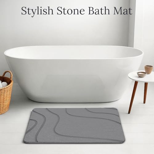 Euqvunn Alfombrilla de Baño de Piedra 60 x 39 cm 2 Unids – Secado Rápido, Antideslizante, Absorbente, Resistente a la Humedad, de Tierra de Diatomeas para Cocina, Bañera y Salida de la Ducha – Gris