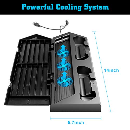 MOCREO Vertical Stand with Cooling Fan for PS4 / PS4 Pro, Dual Controller Charger Station with 12 Game Storage and Dualshock Charger with 3 Extra USB HUB Port