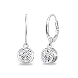 Sterling Silver Genuine or Synthetic Gemstone 6mm Round Bezel-Set Dangle Leverback Earrings
