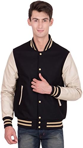 Caliber India Vegas Gold Leather Sleeves &amp; Black Wool Body Varsity Jacket-Men M