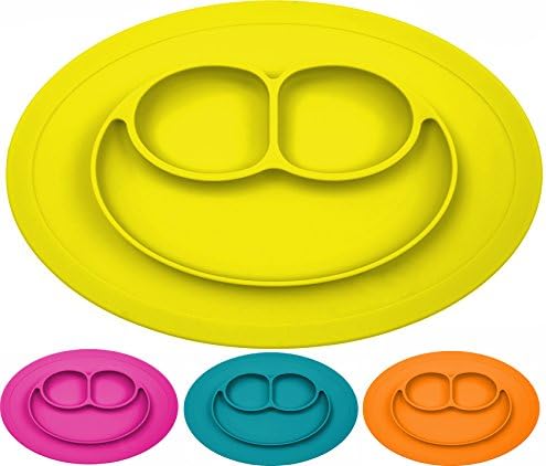 Silicone Placemat + Plate, Strong Table Suction, Fits Most Highchair Trays, Dishwasher, Microwave and Oven Safe, FDA Approved BPA Free, For Kids, Babies and Toddlers, 7 Colors Available (Yellow)