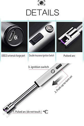 Lighters, Upgraded Candle Lighter USB Electric Plasma Lighters Long Rechargeable Flexible Flamless Windproof for Candles, Camping, Stove, Fireworks, Charcoal Grill, BBQ,etc (Gray)