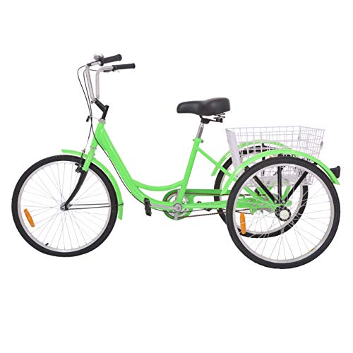 Slsy Adult Tricycles Single Speed, Adult Trikes 24/26 inch 3 Wheel Bikes, Three-Wheeled Bicycles Cruise Trike with Shopping Basket for Seniors, Women, Men. (Apple Green, 24″ Wheels/ 1-Speed)
