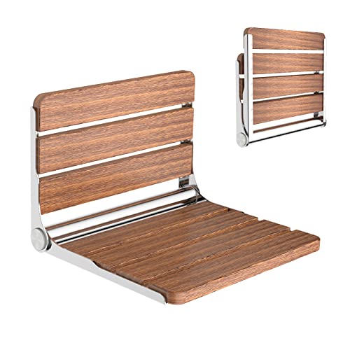 Heuffe Folding Wall Shower Chair – Capacity 200 kg Ergonomic Backrest, Non-Slip Elderly/Disabled, Folding Bench Sapeli Wood