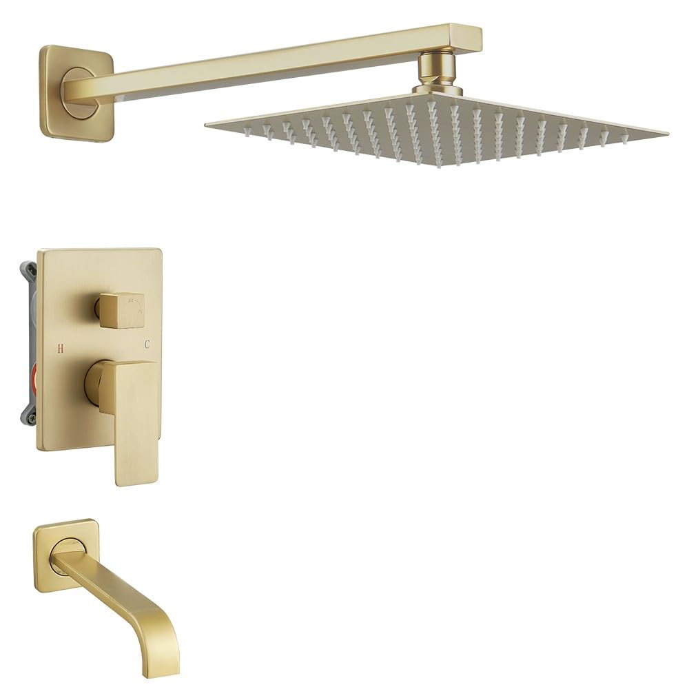 Photo 1 of Heable ?Brushed Gold Shower Faucet Set with Tub Spout Bathroom Luxury Rain Mixer Shower Head System Wall Mounted Shower Faucet Complete, Single Handle Tub and Shower Trim Kit with Rough-in Valve