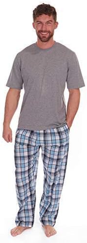 Mens Pyjamas Set Short Sleeve Top & Woven Long Bottoms Pants