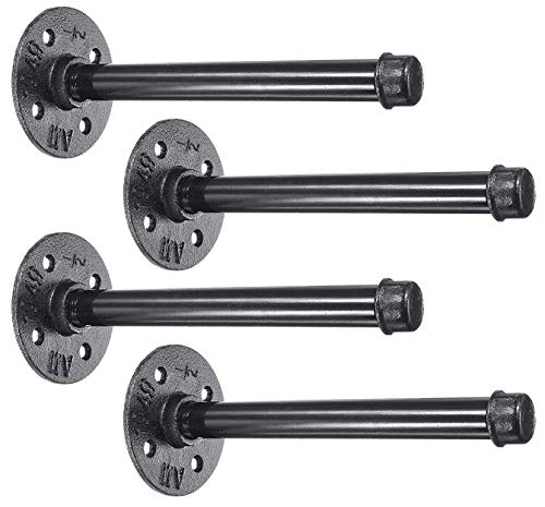 4 Pack 8” Iron Pipe Shelf Mounting Brackets Industrial Black Steel Iron Straight Shelves - DIY Rustic/Chic and Vintage Decor Floating Shelves Complete Display Set ½ Inch Flange NODNAL Co. (8 Inch)