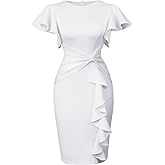 Memoriesea Women's Wear to Work Vintage Ruffle Peplum Cocktail Pencil Knee Midi Dress
